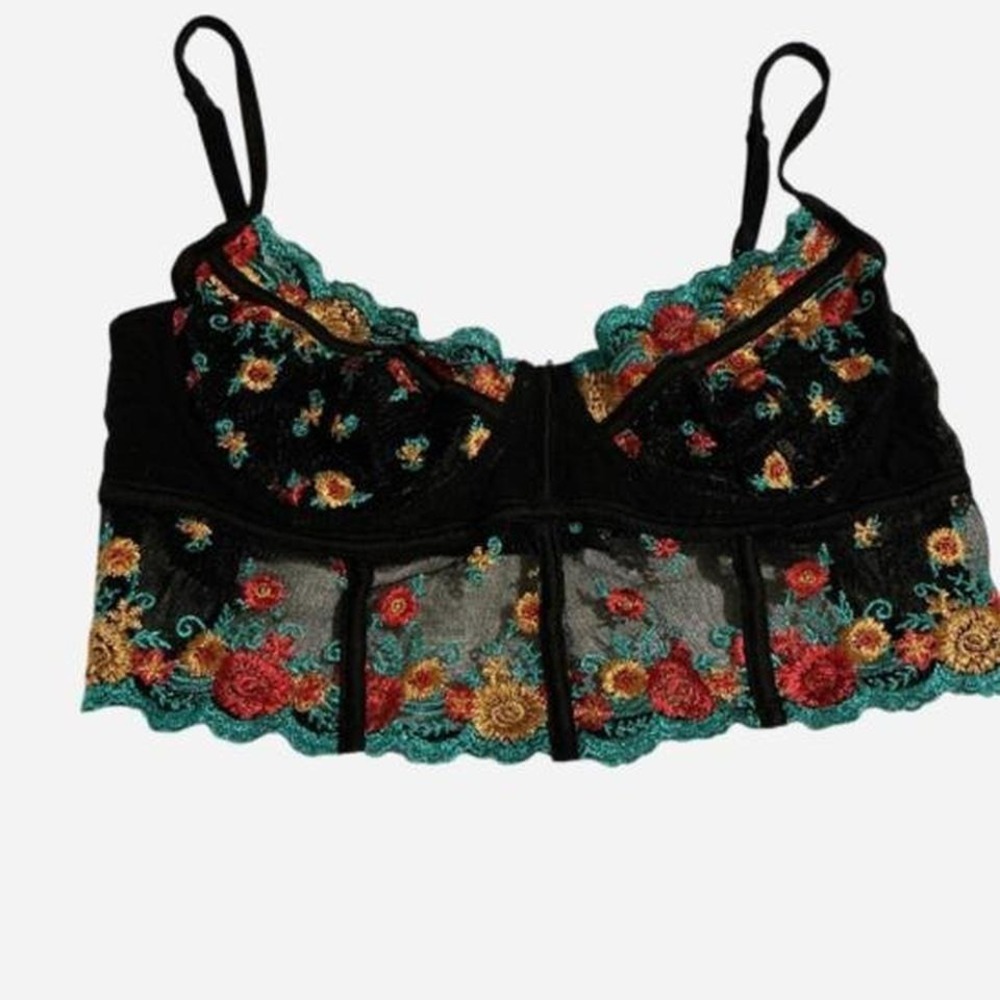 HAUTY Floral Embroidered‎ Bustier Top Women Black Sheer Mesh Excellent Condition